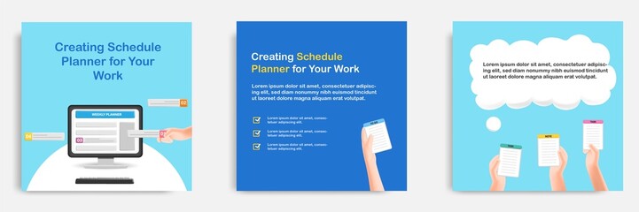 Social media informative post banner template design in 3D cartoon style, mobile smart phone app schedule reminder concepts with multicolor