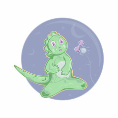 Obraz premium Smiling dragon looking at a colorful butterfly that has just flied from a transparent flower, on spring or summer day. Happy green dinosaur, reptile located on abstract background.