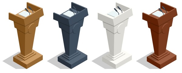 Isometric podium tribune rostrum stands with microphones on a white background. Podium Tribune Rostrum