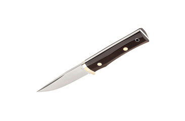 Modern hunting knife with silver blade and rubber handle. Steel arms. Isolate on a white back