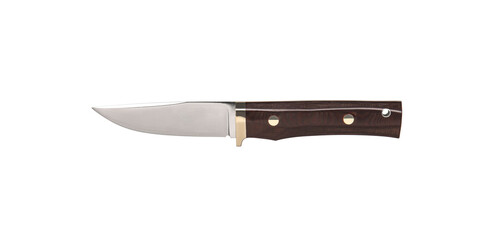 Modern hunting knife with silver blade and rubber handle. Steel arms. Isolate on a white back