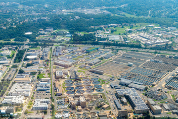 Plane aerial drone view of cityscape near Washington DC with Blue Plains water treatment plant