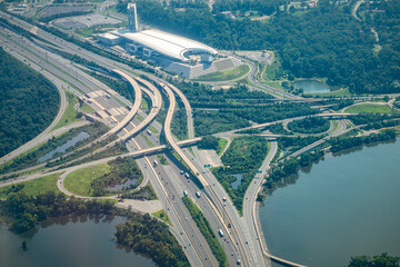 Aerial drone airplane view of cityscape near Oxon Hill in Washington DC with i495 highway capital beltway outer loop with traffic cars and buildings - obrazy, fototapety, plakaty