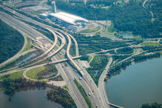 Aerial Drone Airplane View Of Cityscape Near Oxon Hill In Washington DC With I495 Highway Capital Beltway Outer Loop With Traffic Cars And Buildings