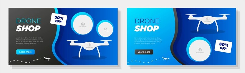 Drone shop online banner template set, aircraft for sale corporate advertisement, horizontal ad, flying quadricopter offer campaign webpage, flyer, creative brochure, isolated on background