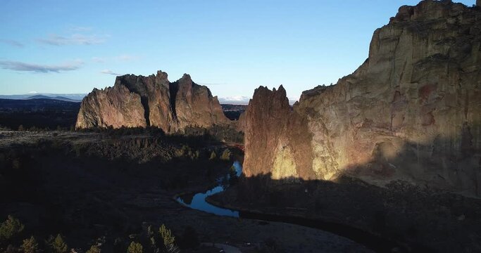 Aerial drone video of Smith Rock State Park near Bend, Oregon.