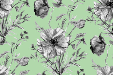Seamless watercolor pattern with monochrome poppy and herb flowers on a light green background. Vintage motif for textile and surface design