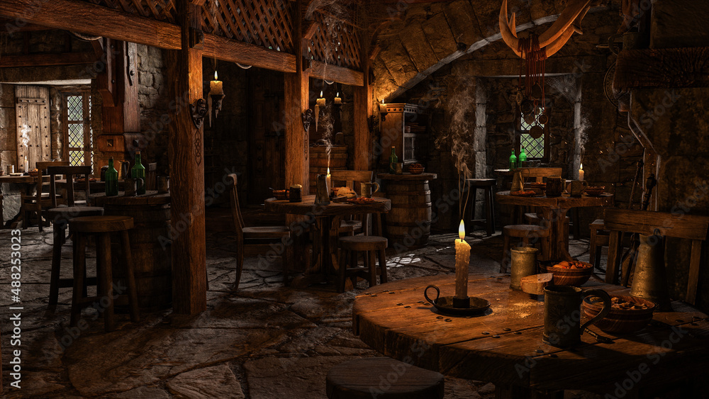 Poster medieval inn dining area lit by candlelight and daylight through windows with food and drink on tabl