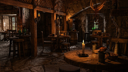 Medieval inn dining area lit by candlelight and daylight through windows with food and drink  on tables. 3D irendering. © IG Digital Arts