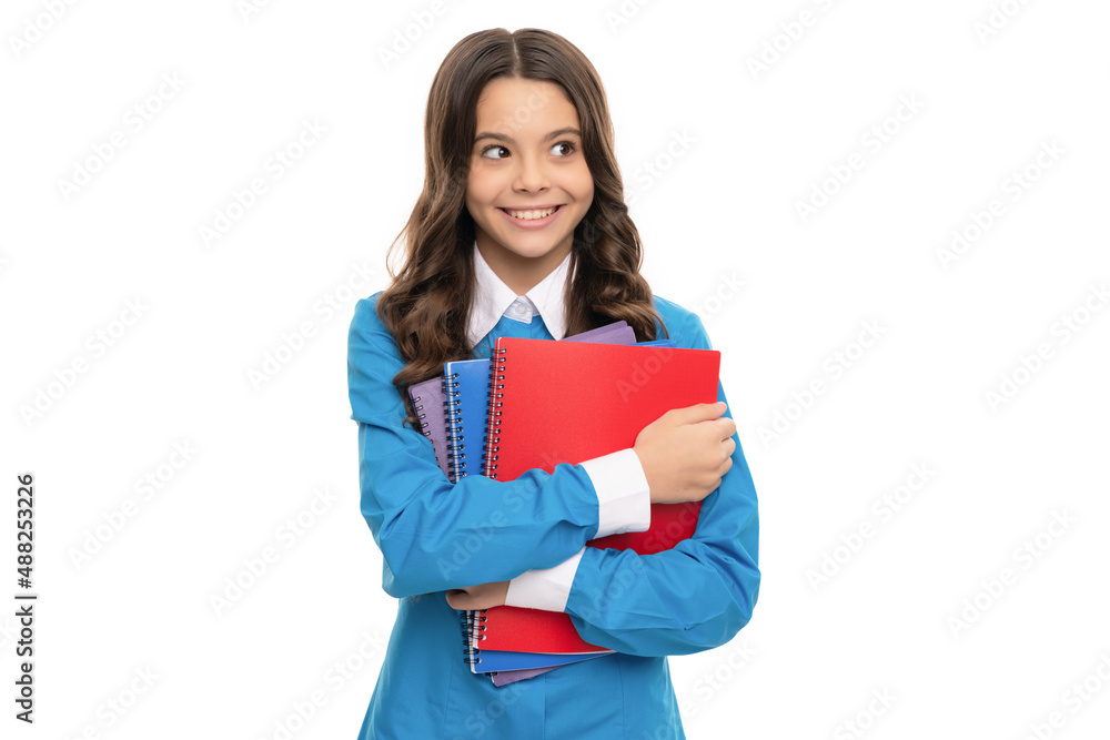 Sticker cheerful kid portrait has long curly hair with school workbook isolated on white, education