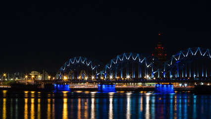 riga,railway bridge at night