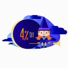 4 percent off - Halloween - Cute Little Red-haired Witch Cartoon sitting on the broom in the starry night, with clouds and a big discount tag.