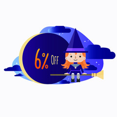 6 percent off - Halloween - Cute Little Red-haired Witch Cartoon sitting on the broom in the starry night, with clouds and a big discount tag.