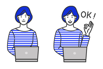 カジュアルでお洒落な服装のWEBデザイナー風の若い女性がパソコンの前に座りマルバツやオッケーなどの表情バリエーションの白背景に線画のシンプルなイラスト