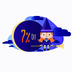 7 percent off - Halloween - Cute Little Red-haired Witch Cartoon sitting on the broom in the starry night, with clouds and a big discount tag.