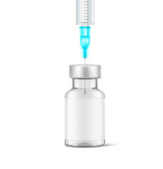 Transparent glass bottle for vaccine injections mockup. Vector illustration isolated on white background. Can be use for medicine, cosmetic and other. Ready for your design. EPS10.	