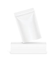 Pouch bag mockup on the cardboard box. Vector illustration isolated on white background. The dynamic angle creates additional attention. Can be use for your design, presentation, promo, ad. EPS10.	