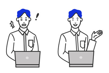 Fototapeta na wymiar シャツを着たオフィスカジュアルでパソコンの前に座るエンジニア風の男性の表情バリエーションの白背景に線画のシンプルなイラスト