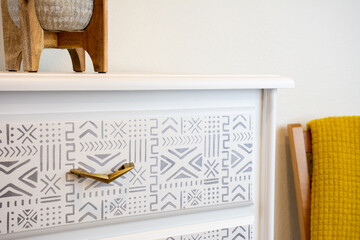 Boho Chalk Painted dresser with stenciled design and mid-century modern pulls. Bohemian chic...