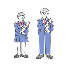 卒業式の男子高生と女子高生の全身イラスト