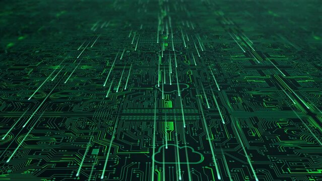 Data stream on a blue green circuit board - 3D animation