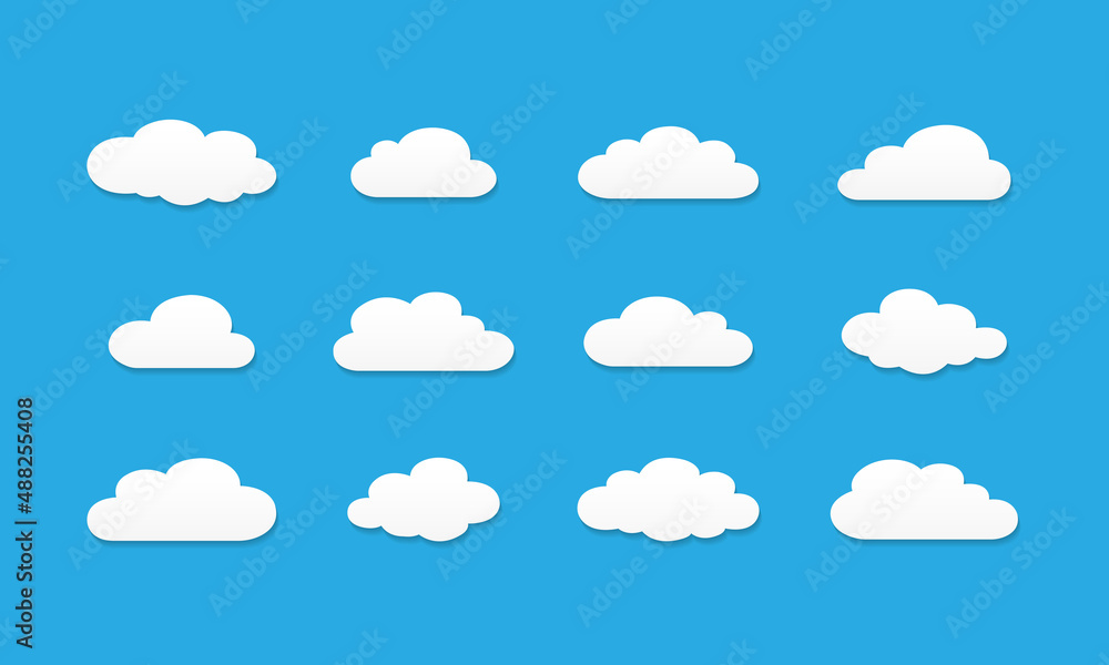 Poster white clouds vector set. clouds with shadows isolated on blue background. vector eps 10