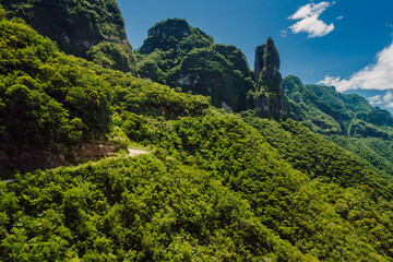 Canyon with road and sunny day in Santa Catarina. Aerial view