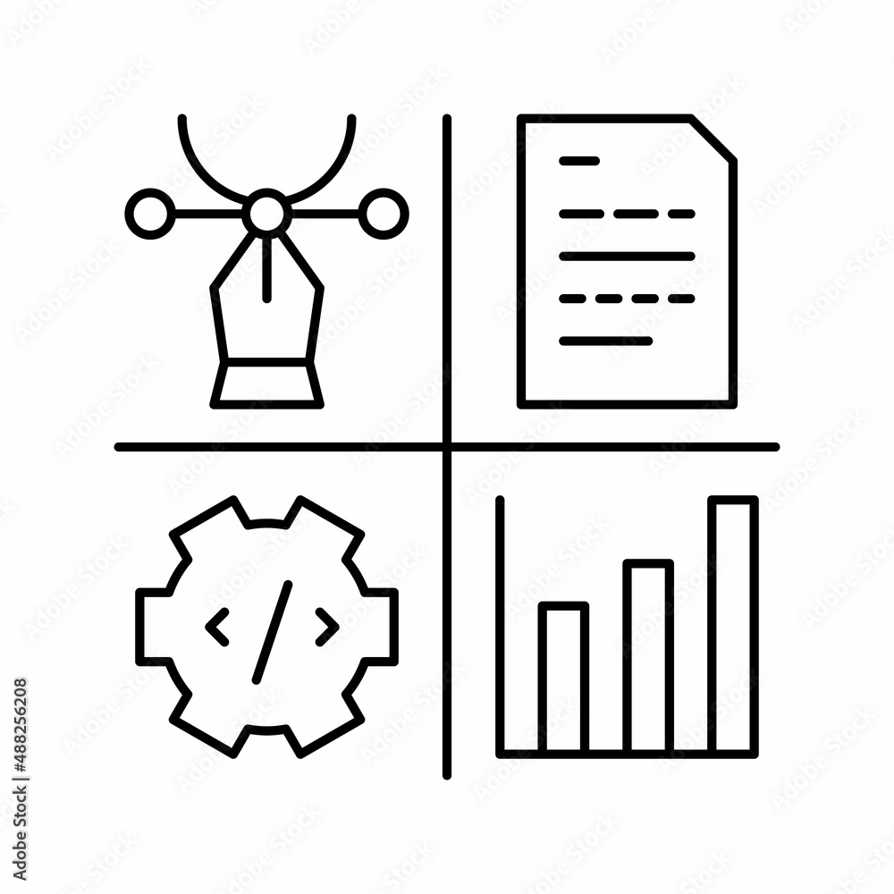 Aufkleber design, programming, content manager and analytics job line icon vector illustration
