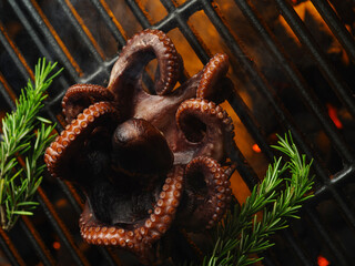 Octopus with rosemary sprigs is fried on the grill. Close-up. High angle view. Seafood recipes. Restaurant kitchen. Healthy organic gourmet food. Advertising, banner.