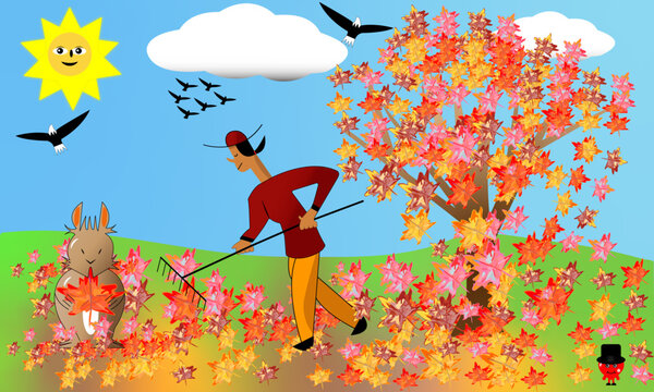 Autumn Days, Lady Racking Leaves, Eagle And Birds Flying And Rabbit Eating Leaf