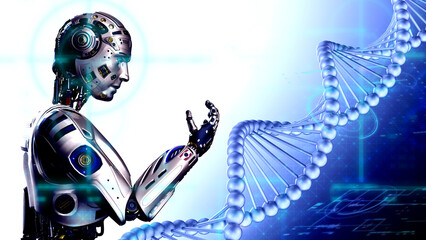 Science Molecular Silver DNA Model Structure and Champagne Gold AI Robot with technology HUD blue elements. Concept image of vaccine development, regenerative and advanced medicine. 3D illustration.
