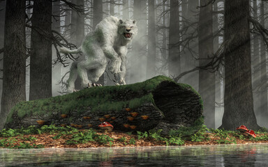 The White Thang is a white furred cryptid of middle Alabama.  Sightings go back to the 1930s in the Birmingham area.  Descriptions vary from a lion/dog mix on four legs, to a white sasquatch. - obrazy, fototapety, plakaty