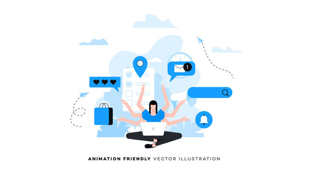 A female office worker performs many tasks at the same time. Multitasking. Animation ready duik friendly vector Illustration. Conceptual business story. Puzzle connection.