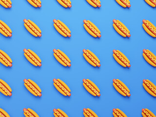 Fast food background. 3d rendering. Lots of hotdogs