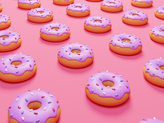Fast food background. 3d rendering. Pink donuts