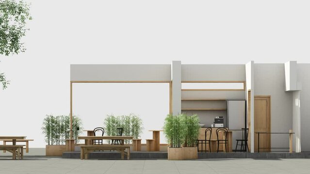 coffee shop minimalist style with wooden materials and gradually white tones. created by animation contains a counter Coffee machine, furniture and large windows. 3d render animation looped elevation