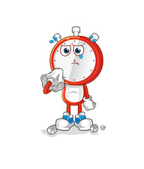 Fototapeta premium alarm clock head cartoon cry with a tissue. cartoon mascot vector