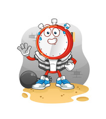 alarm clock head cartoon criminal in jail. cartoon character