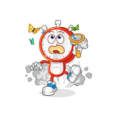 alarm clock head cartoon catch butterfly illustration. character vector
