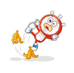 alarm clock head cartoon slipped on banana. cartoon mascot vector