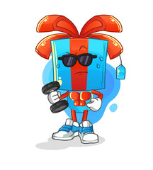 gift head cartoon lifting dumbbell vector. cartoon character