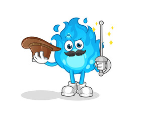 blue fire fencer character. cartoon mascot vector