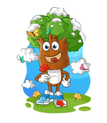 tree head cartoon pick flowers in spring. character vector