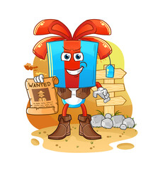 gift head cartoon cowboy with wanted paper. cartoon vector