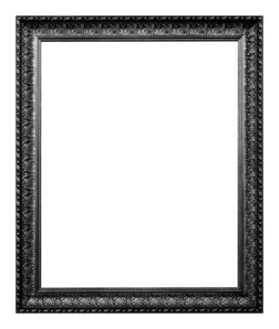 Antique black and silver wooden frame isolated on white background.