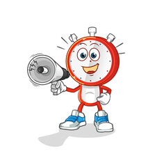 alarm clock head cartoon holding hand loudspeakers vector. cartoon character