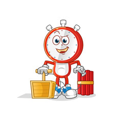 alarm clock head cartoon holding dynamite detonator. cartoon vector