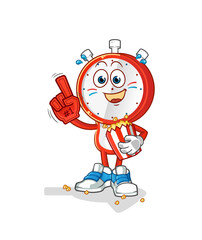 alarm clock head cartoon fan with popcorn illustration. character vector