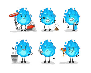 blue fire cleaning group character. cartoon mascot vector