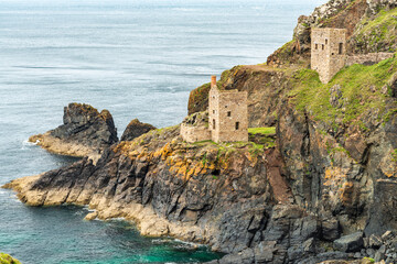 Fototapeta na wymiar Crown tin mines of Botallack,perched delicately on the cliffs in West Penwith.Cornwall,United Kingdom.